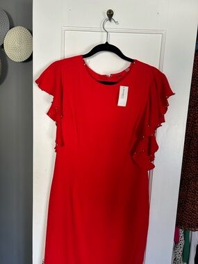 Tahari Red Midi Dress with Beaded Flutter Sleeves